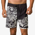 Front view of men's Marshall Boardshort featuring black and white surf-inspired patterns with drawstring waist for comfort.