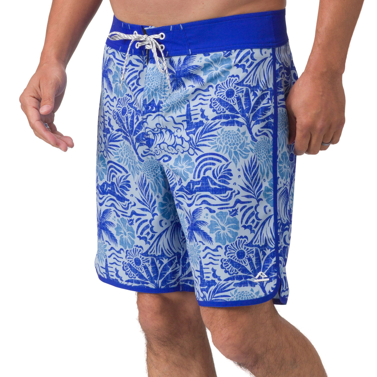 Men's Fayder Boardshort front view in blue floral pattern, water-friendly and comfort-focused for beach and active lifestyles.