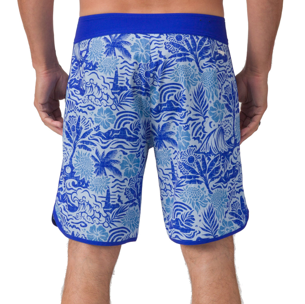 Rear view of men's Fayder Boardshort in blue tropical print, designed for beach comfort and active lifestyles.
