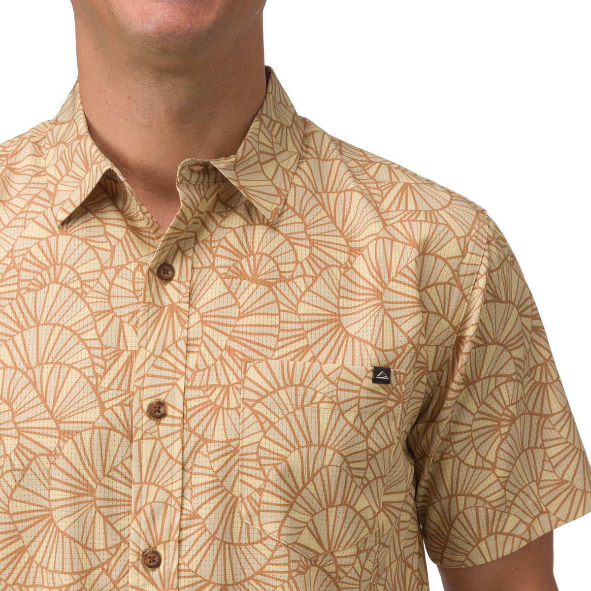 Hartman Woven Shirt close-up showing front upper torso with geometric beach-inspired pattern and wooden buttons