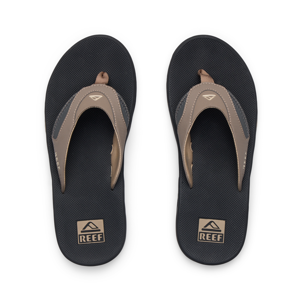 Fanning men's flip flop pair top view with synthetic nubuck straps and cushioned footbed for beach-ready comfort