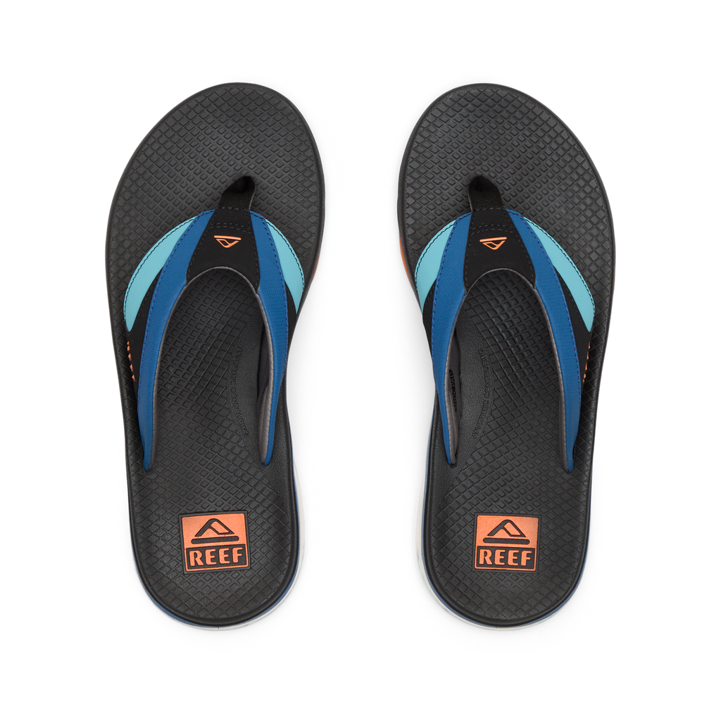 Top view of men's Fanning + sandals with black, blue, and orange accents, featuring comfort cushioning and arch support.