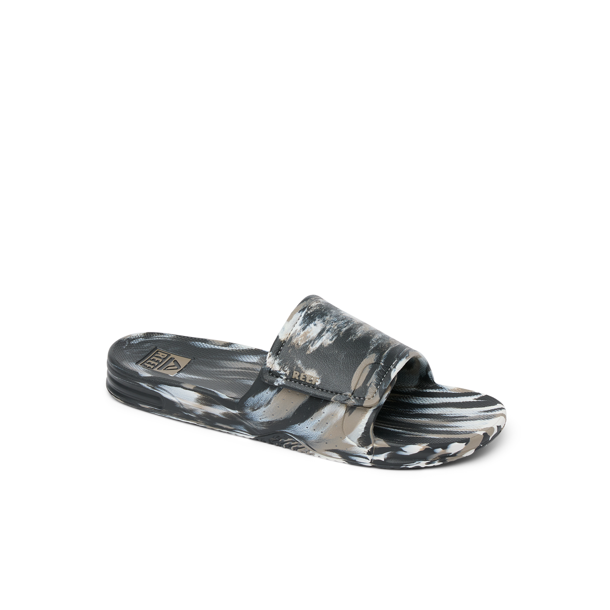 Fanning Slide H2O right-facing men's slide with camo marble pattern, soft-rebound cushioning, and arch support for beach comfort