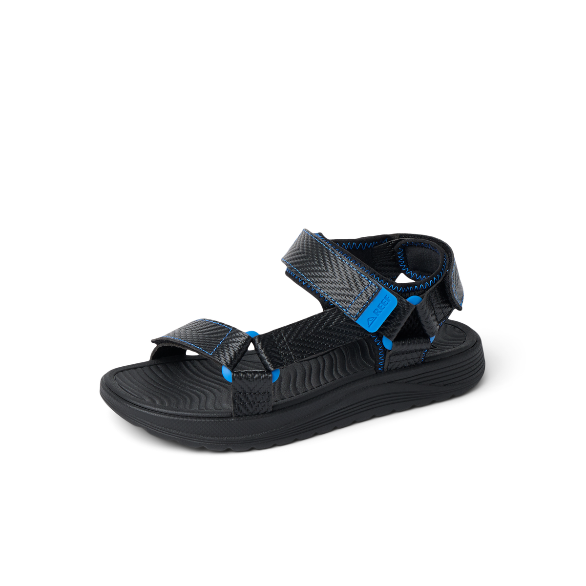 Kids Shoremazing sandal facing left, black and blue with anatomical arch support and soft cushioning for comfort.