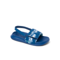 Little Salty Slide boys’ sandal facing left, close-up of front strap with surf-inspired print and cushioned sole.