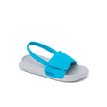 Little Salty Slide facing right, blue and grey kids’ slide sandal with adjustable strap, comfort footbed, and arch support.