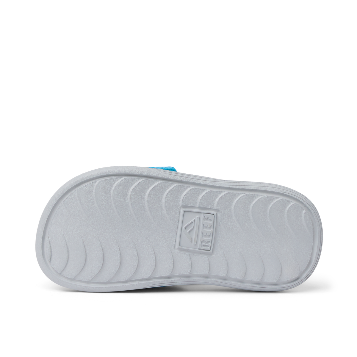 Little Salty Slide showing the sole in grey and blue, designed for boys aged 2-4 with durable, water-friendly comfort.