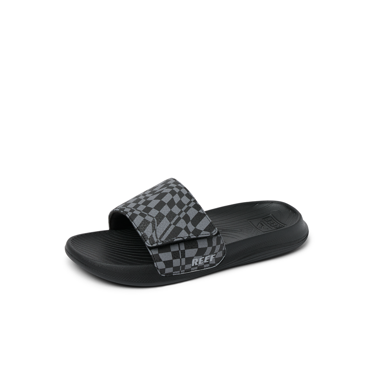 Kids Salty Slide facing right, black swell checker pattern, close-up of water-friendly slide with arch support and cushioning.