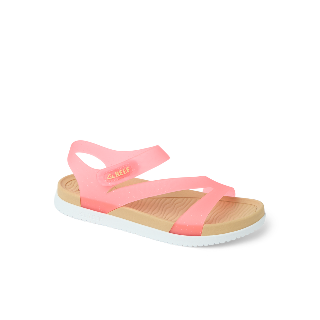 Kids Cali Coastin girls’ left side coral sandal with anatomical arch support and soft-rebound cushioning, facing right.