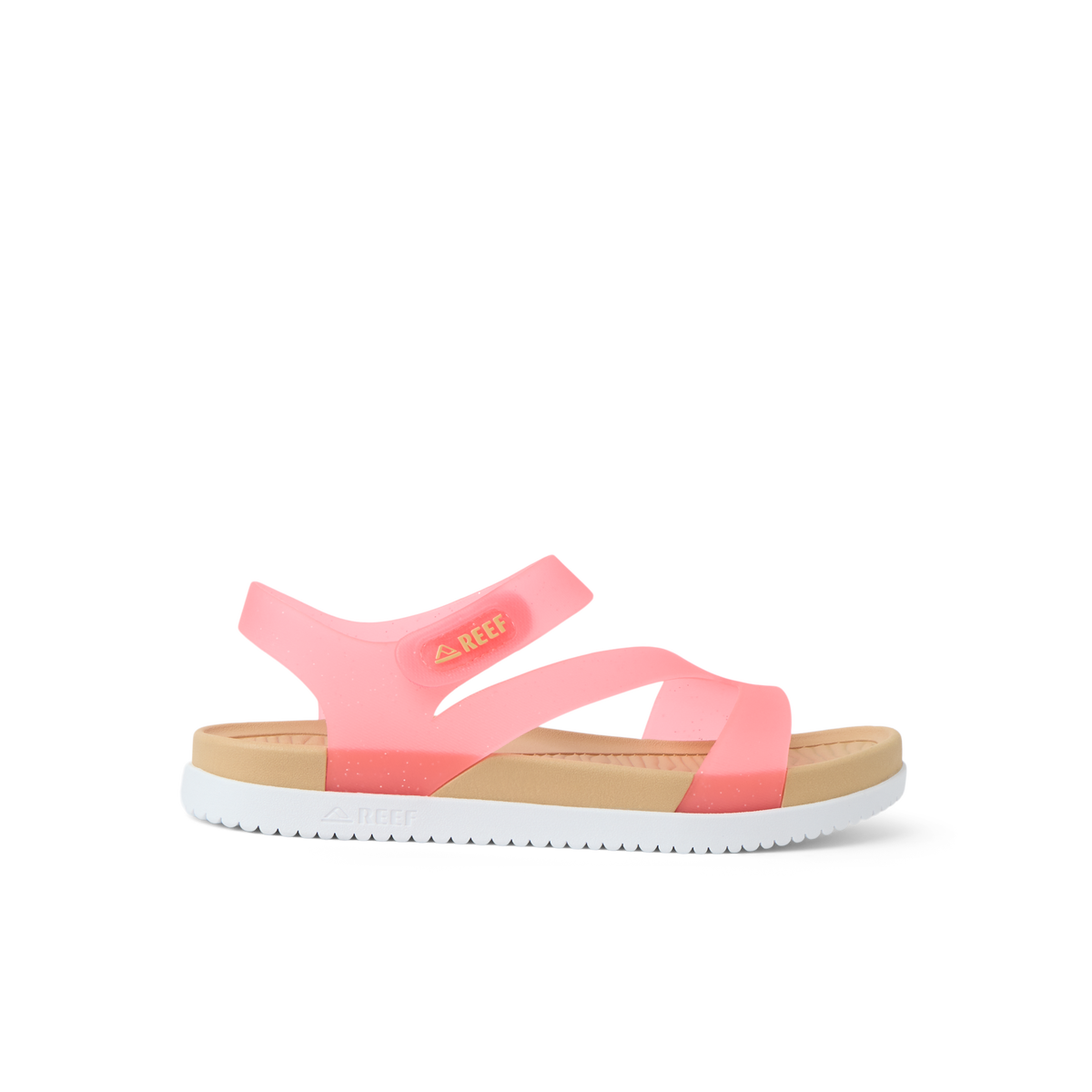 Kids Cali Coastin pink girls' sandal facing right, featuring soft cushioning and anatomical arch support for all-day comfort.