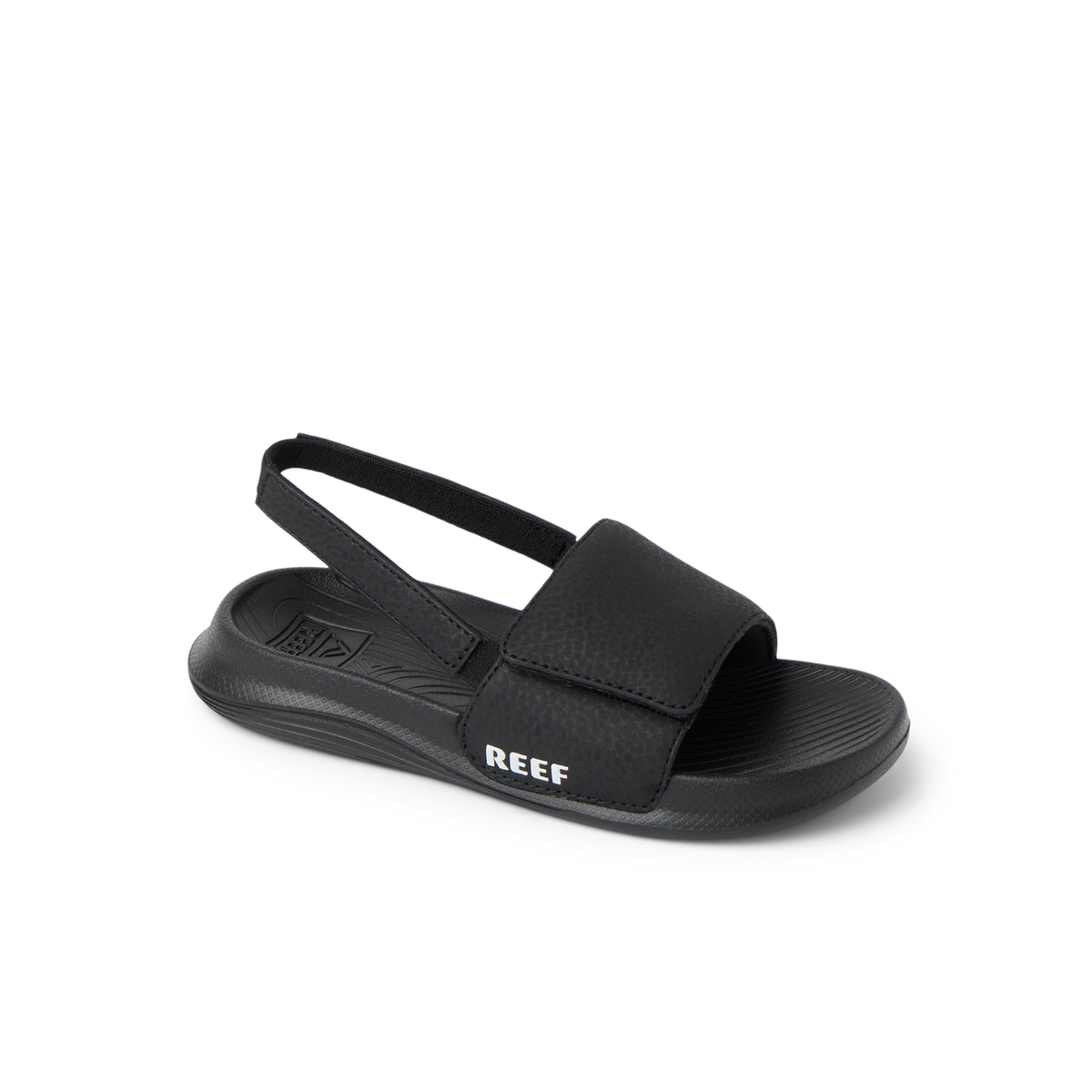 Little Salty Slide boys' sandal facing right, showing top and side, with cushioned arch support and water-friendly materials.