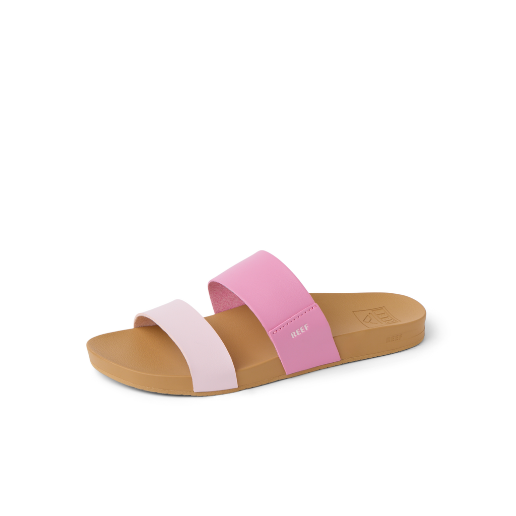 Cushion Vista women's left slide sandal facing right with dual pink straps, anatomical arch support, and soft cushioning.