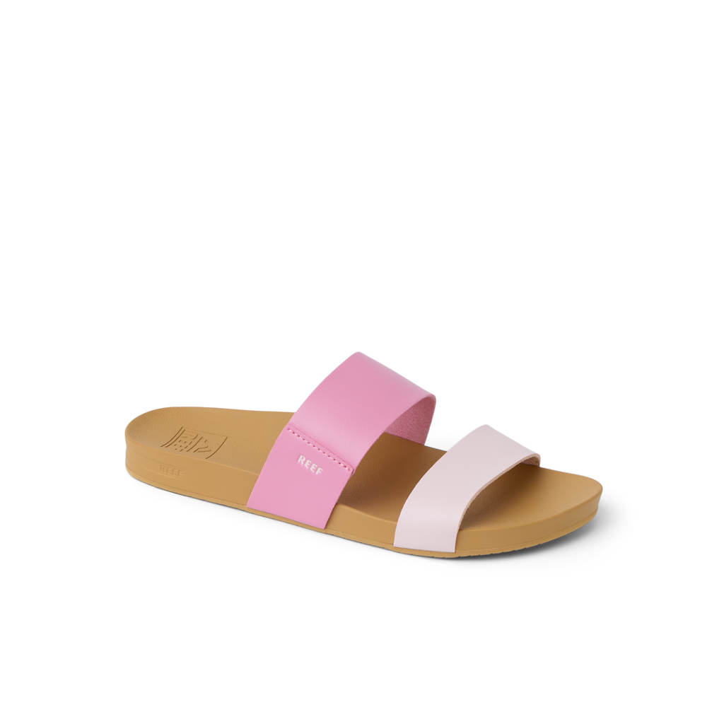 Cushion Vista women's sandal facing right, pink and rose straps, beach-inspired comfort with soft cushioning and arch support.