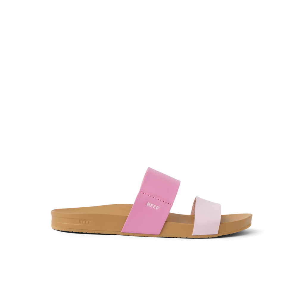 Side view of Cushion Vista women's sandal in cashmere rose pink with cushioned sole and arch support, beach-inspired comfort.
