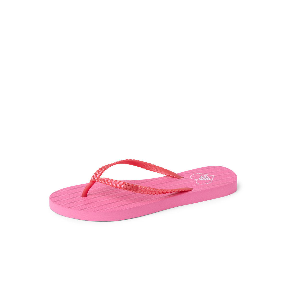 Seaside Twist flip flop facing right, lightweight pink sole with braided coral straps, water-friendly and comfortable design.