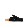 Vista Siena facing right, women's black suede clog mule with buckle detail, anatomical arch support, and soft cushioning for comfort.