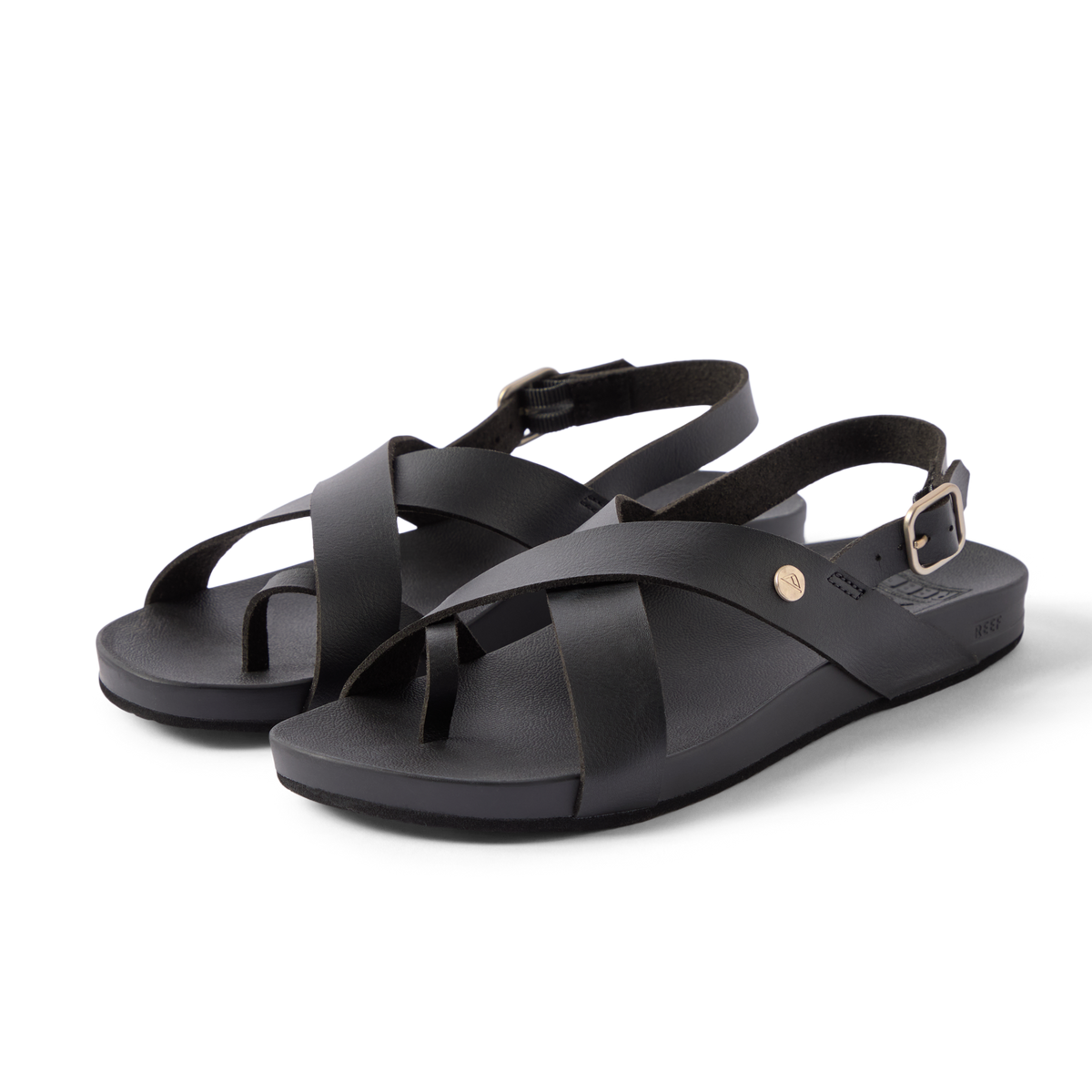 Vista Malia women's black sandals facing right, close-up front side view, with cushioned arch support and adjustable strap.