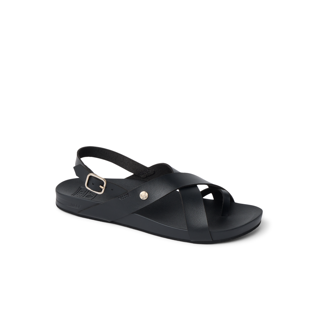 Vista Malia women's black sandal facing right with adjustable ankle strap, anatomical arch support, and cushioned footbed.