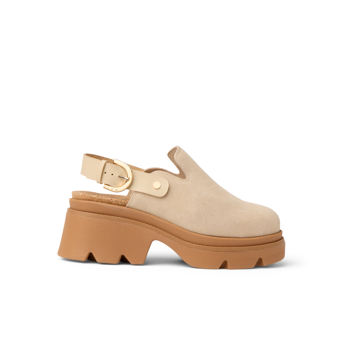 Vista Luxe Solene facing right, close-up of platform clog with suede upper, buckle strap, and structured support heel.