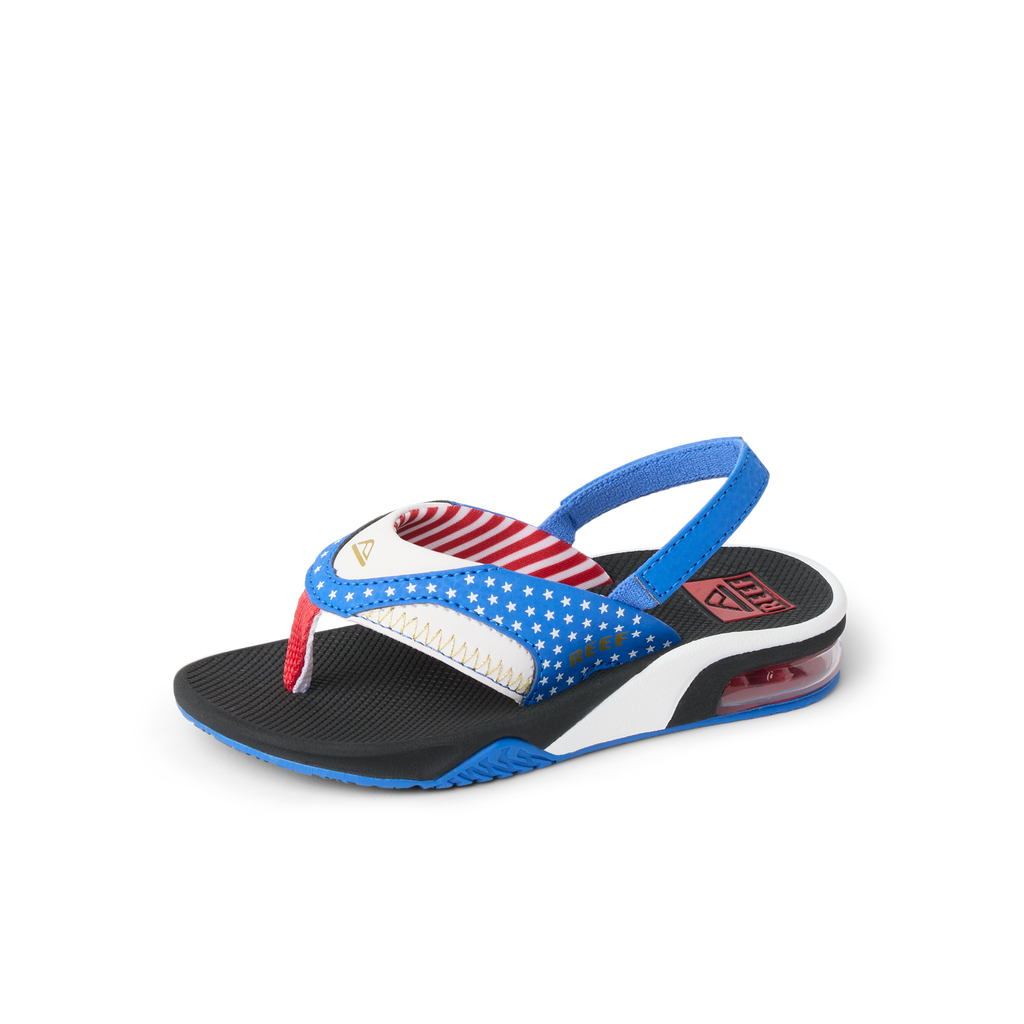 Little Fanning boys’ sandal facing right, showing front and side with arch support and soft cushioning for comfort.