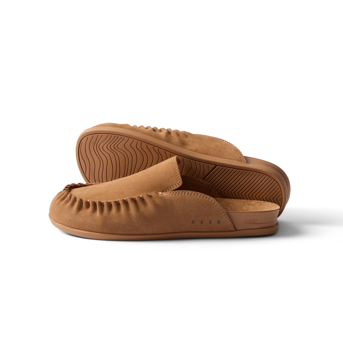 Pair of tan Vista Myra slip-on clogs facing left, women's leather footwear with cushioned footbed and enhanced arch support