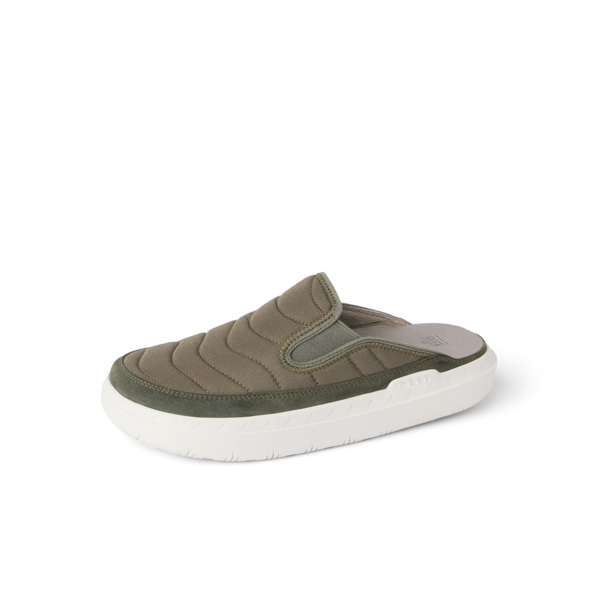 Rambler Kicker mule facing left in olive with quilted upper, cushioned memory foam footbed, and lightweight EVA outsole for comfort