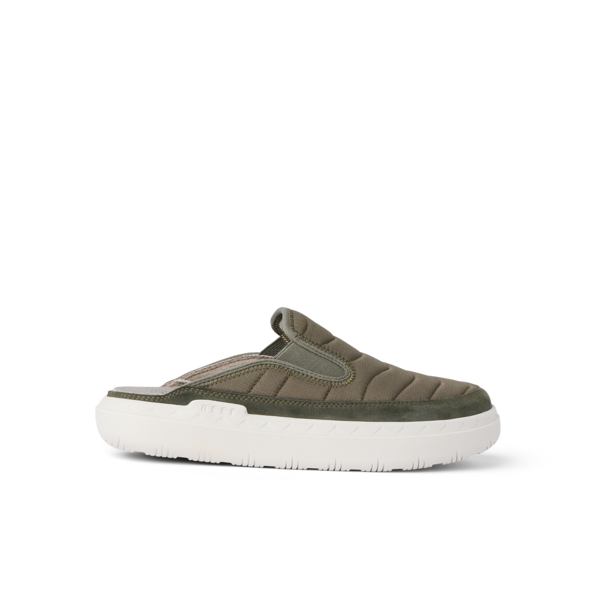 Rambler Kicker mule facing right in olive with cushioned memory foam footbed and lightweight EVA outsole for all-day comfort