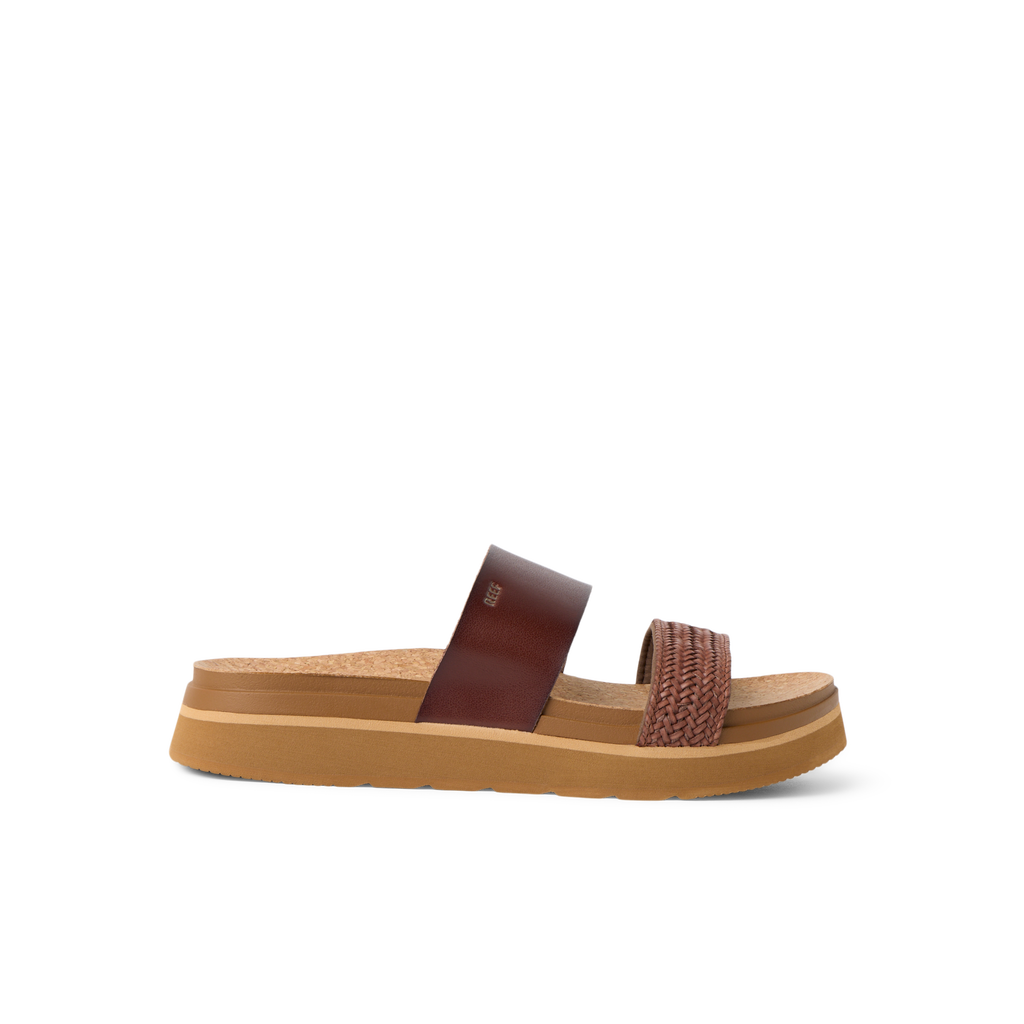 Vista Hi 2 sandal facing right with woven and smooth brown straps, enhanced arch support, and lightweight cushioned platform sole
