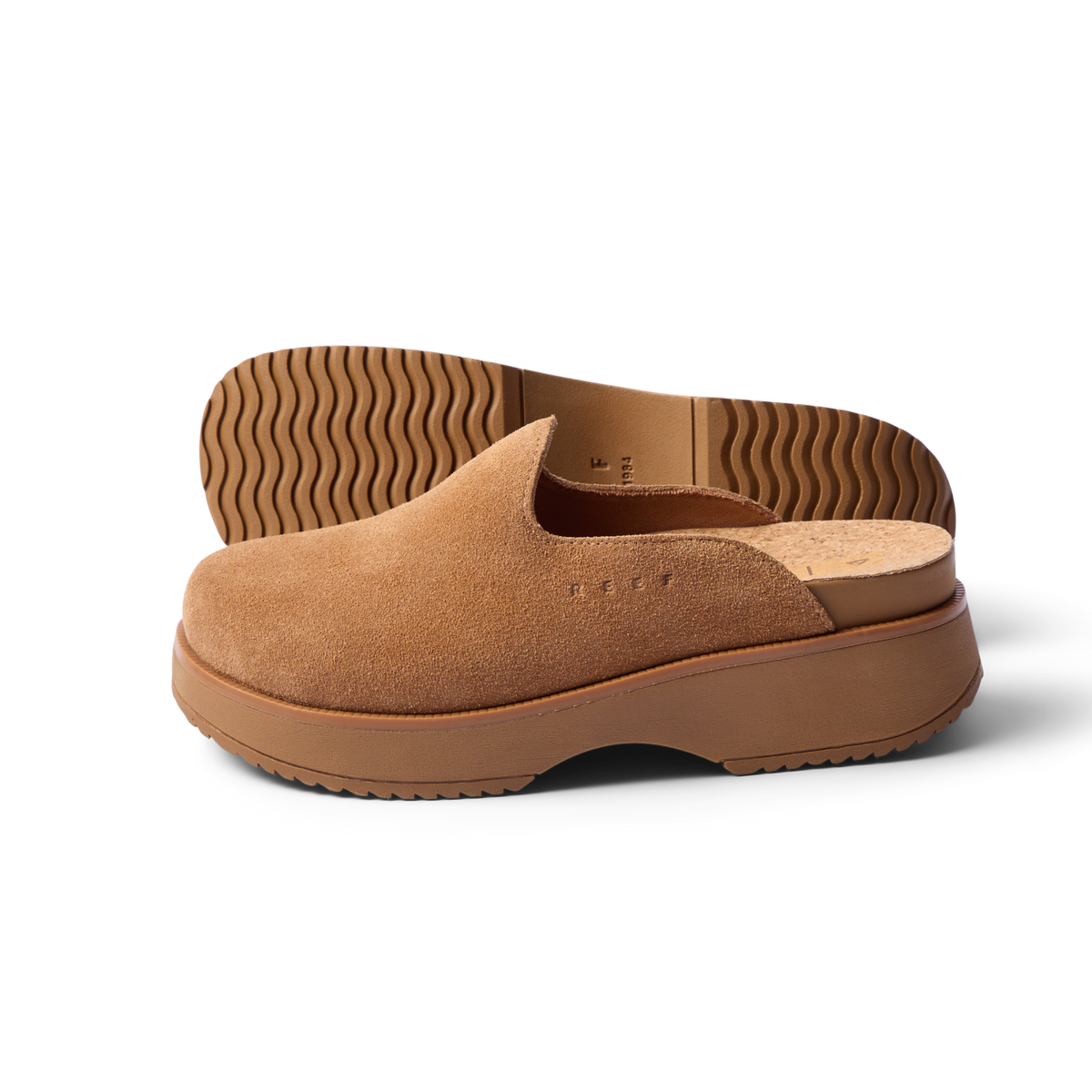 Vista Skye women's tan suede clog side view showing platform sole and molded footbed with arch support and comfort design
