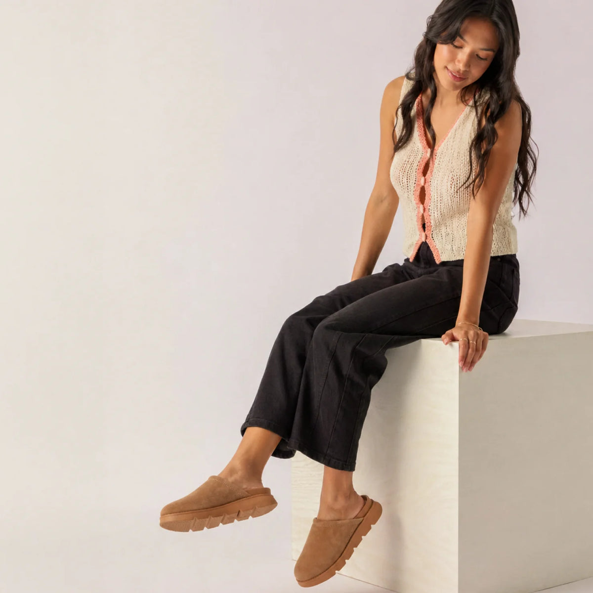 Vista Luxe Mariana facing right, women's brown suede clog with closed toe, lightweight cushioned footbed, and arch support.