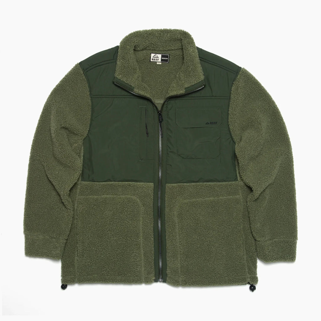 Cooke Sherpa Jacket in olive green, front-facing with full zip, soft sherpa fabric, and lightweight durable panels.