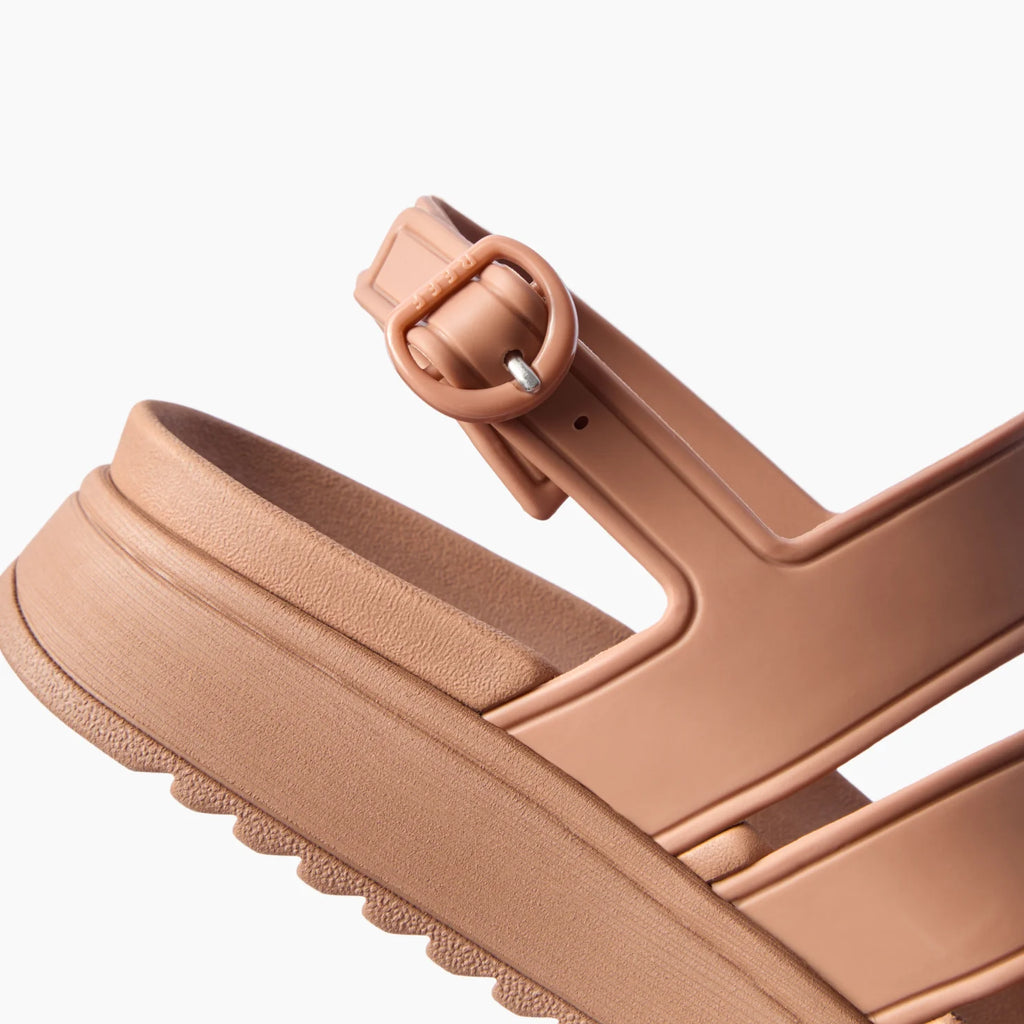Vista Marbella tan sandal facing right close up showing adjustable buckle straps cushioned footbed and supportive sole
