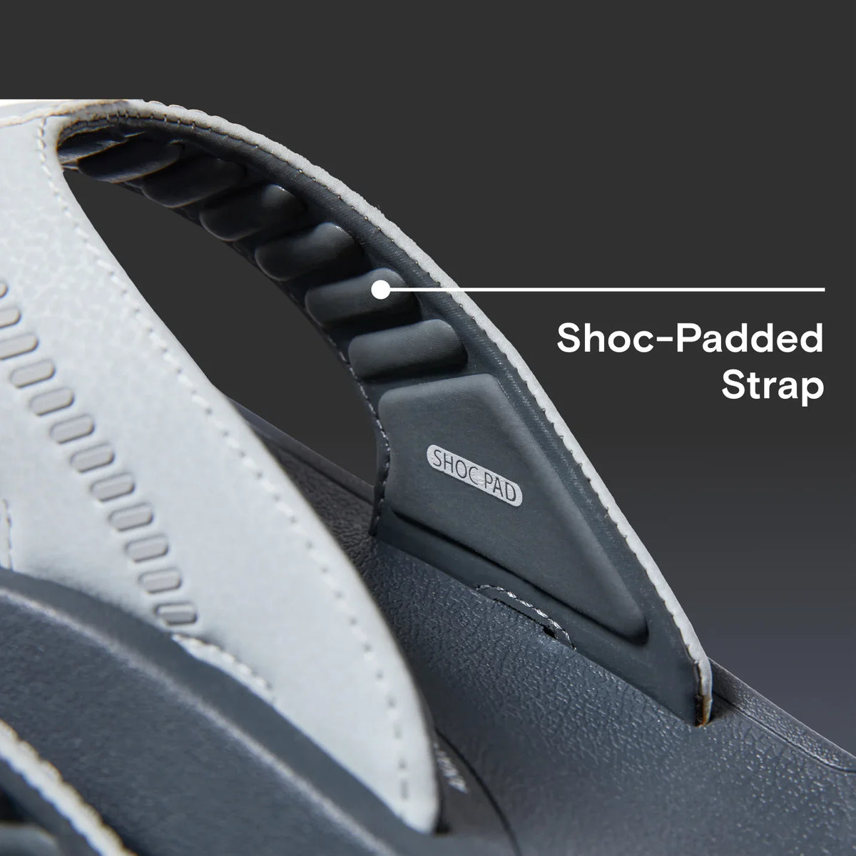 Close-up of the Cruiser sandal's right shoc-padded strap showcasing comfort-focused cushioning for all-day wear.